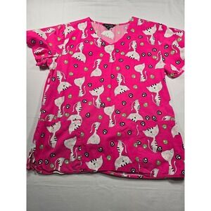 Zoe‎ + Chloe Pink Cat Print Scrub Top Womens Medium V-Neck Cotton